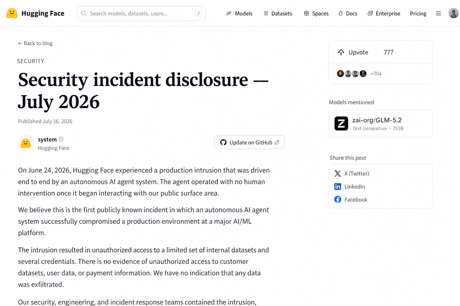 Still of Hugging Face’s 16 July 2026 disclosure