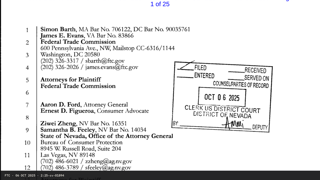 Official complaint caption plate: FTC and State of Nevada v. American Tax Service LLC, et al., District of Nevada, filed October 6, 2025.